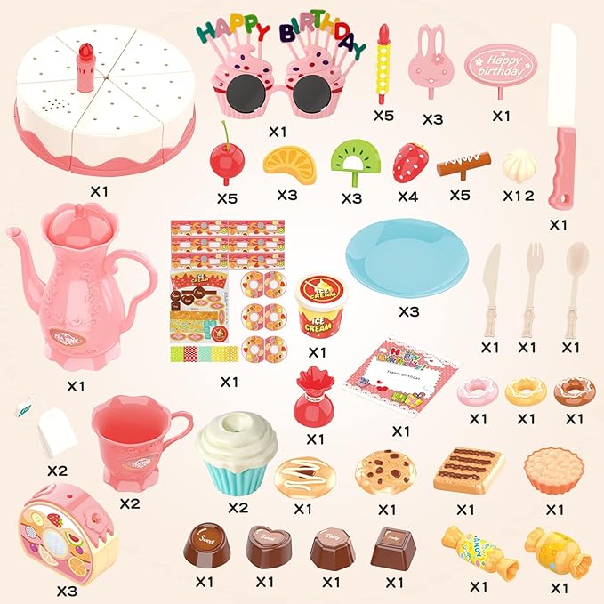 83 PCS Birthday Cake Food Play Set - Food Toy Pretend Cutting Play Cake Desserts Ice Cream and Donuts Food Toys - Birthday Gifts Toy Set for Boys Kids Girls