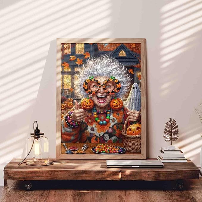 Excited Grandma with Pumpkin Glasses 1000 Piece Jigsaw Puzzle for Adults Students 20×27 Inches Funny Halloween with Candy Ghosts Fall Leaves and Colorful Decor Festive Autumn Puzzle
