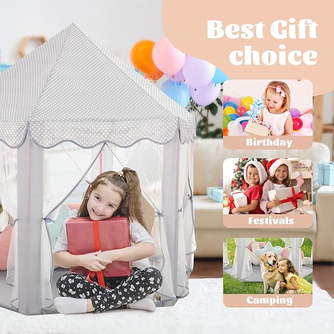 Princess Castle Tent for Girls Fairy Play Tents for Kids Blue Hexagon Playhouse with Fairy Star Lights Toys for Children or Toddlers Indoor or Outdoor Games (Grey Princess Tent)