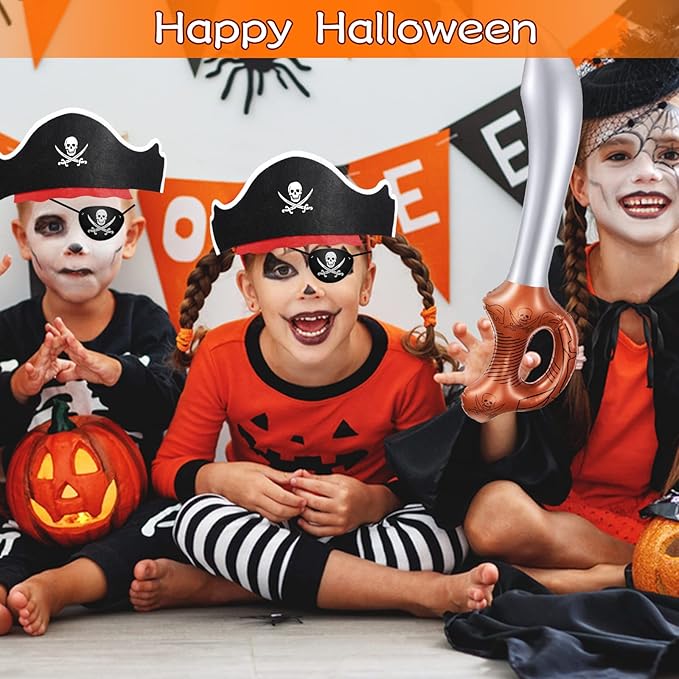 Legigo 48 Pcs Funny Pirate Party Set- Include 16 Pirate Hats, 16 Eye Patches, 16 Inflatable Swords for Pirate Party Cosplay Caribbean Dress Accessories
