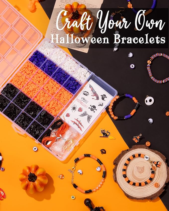 Goldwise Halloween Beads Friendship Bracelet Kit,2 Boxes with Halloween Clay Beads and Orange Letter (A-Z) for Jewelry Making, Varieties of Charms Jewelry Making,DIY Crafts for Party