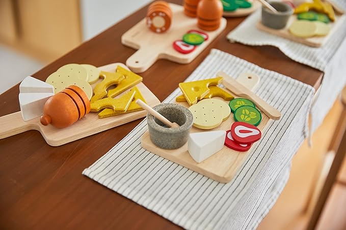 PlanToys® Wooden Pretend Cheese & Charcuterie Board Food Toy for Kids | Includes Cheese, Sausage, Crackers, Grapes, Knife & Board | Montessori Role Play Kitchen Toy for Imaginative Learning