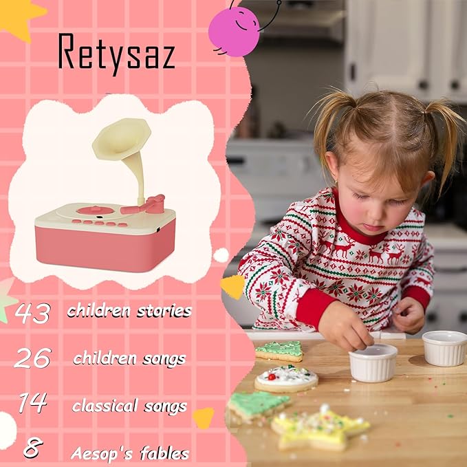 Retysaz Kids Phonograph with 96 Cards, Story Music Player Kids 3-6 Musical Sensory Toy boy Girl,Toddler Audio Pre-Kindergarten Toy Early Childhood Education Gift Birthday （Pink）…