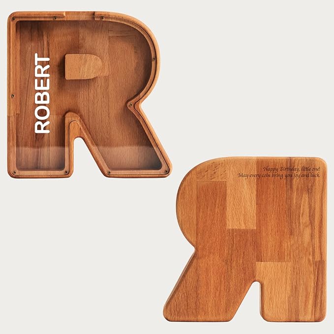 Personalized Wooden Piggy Bank – Custom Letter R Coin Bank in Beech Wood with Clear Acrylic Front, Engraved Name Option, Money Saving Box for Kids and Adults