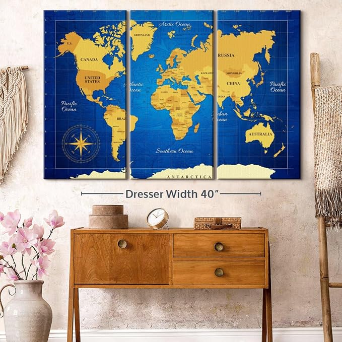 ElephantStock Yellow Longitude World Map Multi Piece Canvas - 3 Panel Wall Decor - Map of the World Art - Canvas for the Office and Home - 57" X 36"