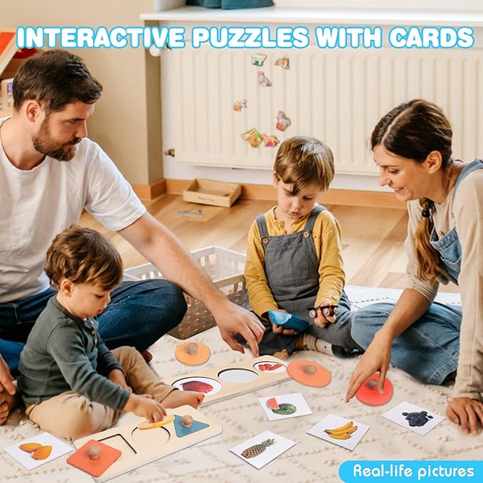 Baby Puzzles 12-18 Months - Montessori Multiple Shapes Knob Wooden Puzzles for Toddlers 1-3 - Peekaboo Photo Puzzle with Baby Mirror & 10 Real-Life Cards