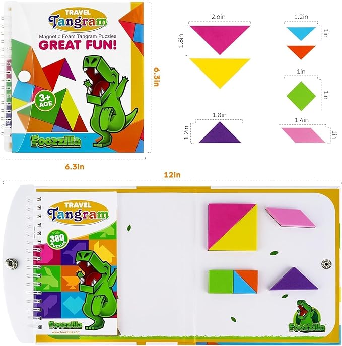 FOOZZILLA Magnetic Tangram Puzzle Set - 2 Sets of Magnetic Pattern Blocks for Road Trip Games and Educational Jigsaw Challenges - Brain-Teasing Fun for Kids and Adults with 368 Solutions