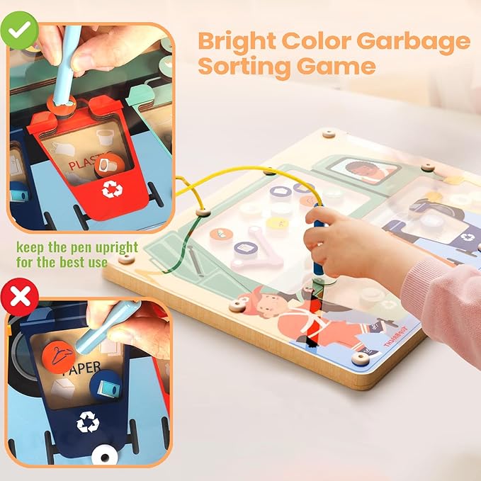 TOP BRIGHT Magnetic Color Maze Sorting Game Montessori Toys for 3+ Year Old, Wooden Garbage Recycling Game Toddler Travel Toys Fine Motor Skills for Boys Girls