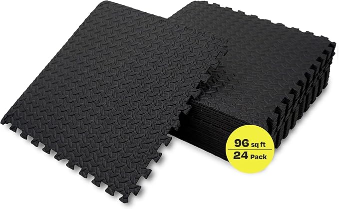 Centr Gym Flooring Exercise Mats - 96 Sq Ft (24-Pack) Interlocking Foam Floor Tiles are Shock Absorbing & Slip Resistant - Non-Toxic Materials Home Workout Equipment