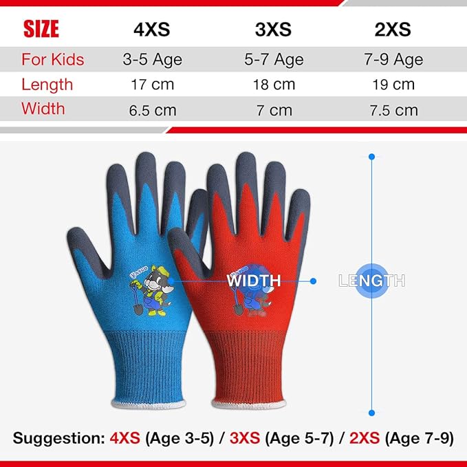 KAYGO Kids Gardening Gloves 4 Pairs - Polyester Seemless knitted with Latex Sandy Finish Coating, KGKID100, Ideal for kids gardening, DIY,Light duty works, and outdoor activities (XXXXS (Age 3-5))