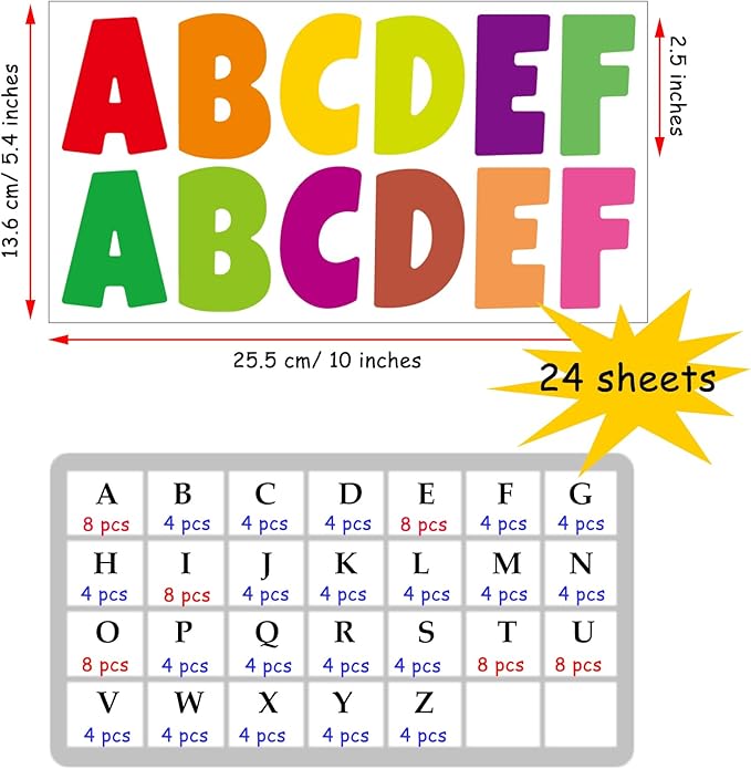 Bemeol 288 Pcs Bulletin Board Letters 24 Sheets 2.5 Inch Self Adhesive Vinyl Alphabet Stickers Letter for Poster Board Classroom School Home Decor(Colorful)