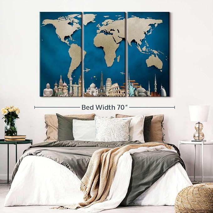 ElephantStock Ocean Blue World Map Multi Piece Canvas - 3 Panel Wall Decor - Map of the World Art - Canvas for the Office and Home - 65" X 42"
