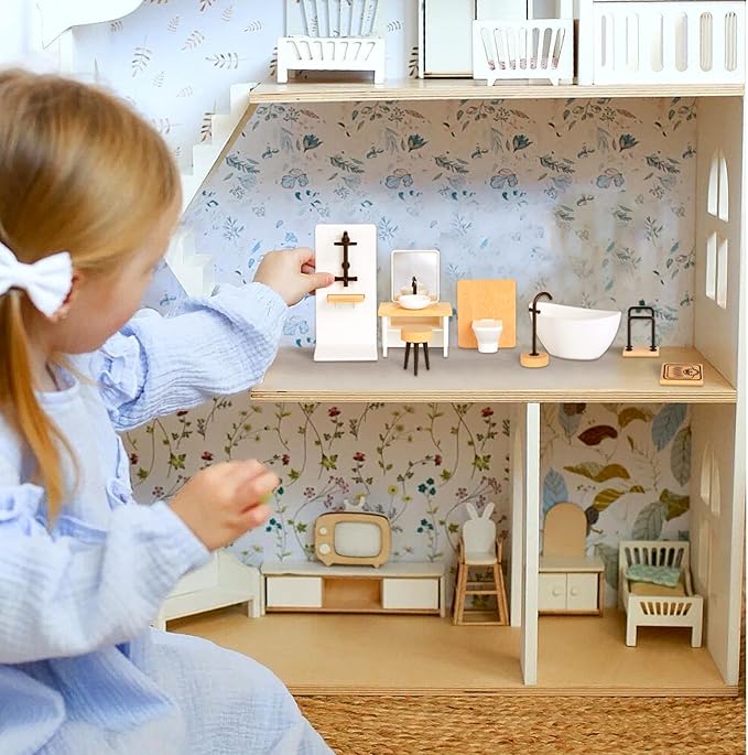 NUOBESTY Dollhouse Bathroom Set, 1 12 Scale Dollhouse Furniture 8pcs Miniature Doll House Bathroom Accessories with Mini Bathtub, Toilet, Shower Room for Doll House Decor Accessories