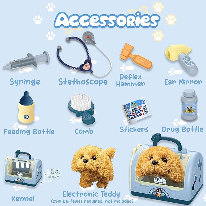 TEUVO Pet Care Playset Robot Dog Toys for Kids, 12Pcs Kids Vet Playset Toys Veterinarian Kit Doctor Kit & Interactive Electric Dog Plush & Cage Pretend Play Gifts for Girls Toddlers 3 4 5 6 7 Year Old