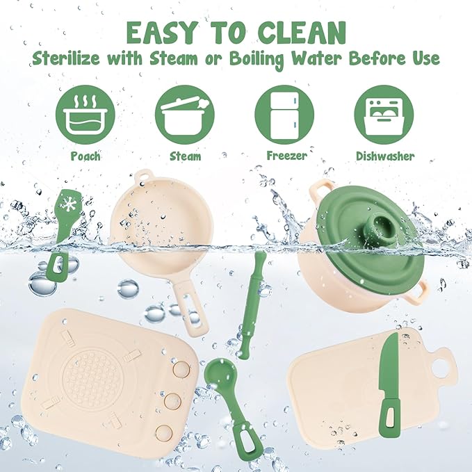 TYRY.HU Play Kitchen Accessories, 11Pcs BPA Free Silicone Pretend Play Food Sets,Play Kitchen Set,Play Kitchen Cooking Utensils Pots & Pans,Pretend Role Play Cooking Toys Gifts for Toddlers 1-3,Green