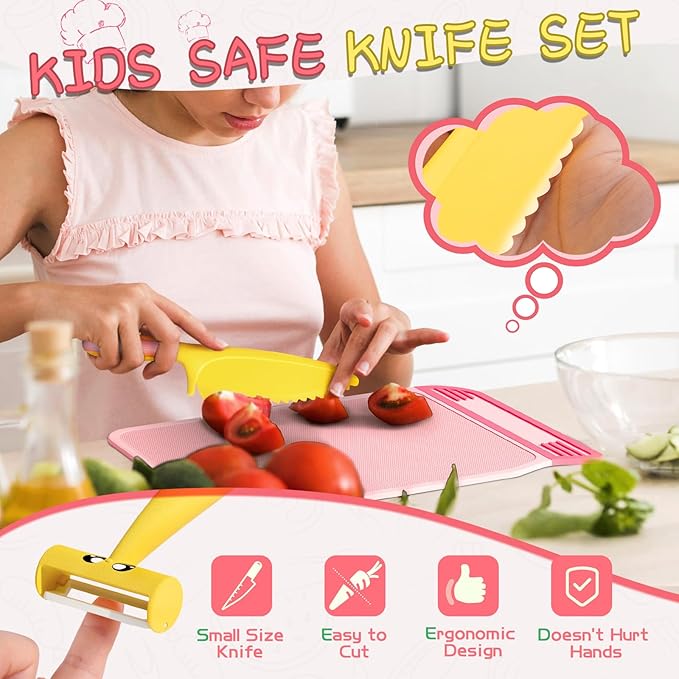 Montessori Kitchen Tools for Toddlers,Kids Knife for Real Cooking,Toddlers Knife Set with Storage Box Kids Safe Knives Children Cutting Set and Peeler,Montessori Toys for Kitchen Set -Pink