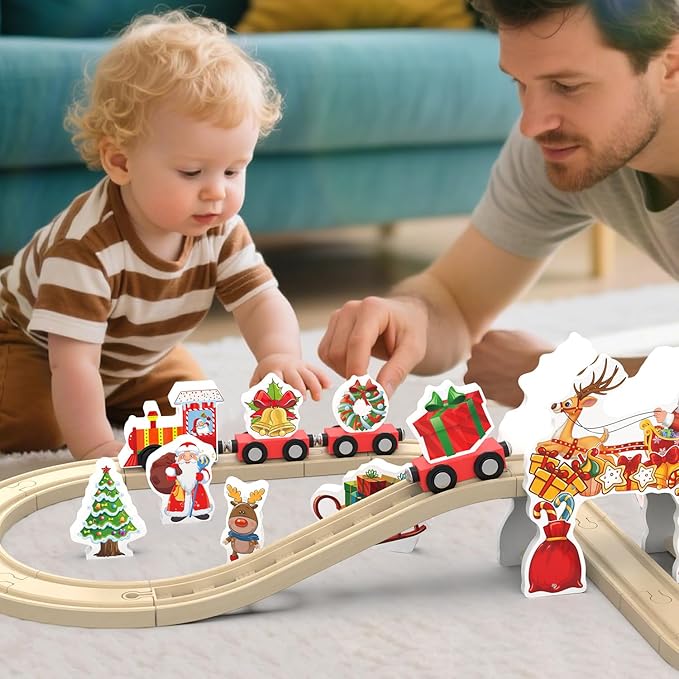Wooden Railway Set for Kids, 42-Piece Wooden Train Track for Toddlers, Christmas Train Toys for 3 4 5 6 Years Old Compatible with Thomas, Brio