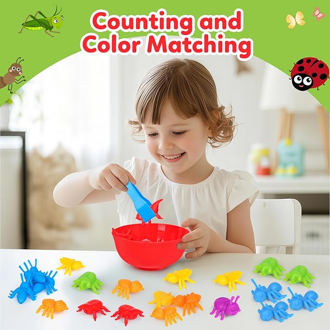 Counting Insects Matching Toys with Sorting Bowls and Games Dice Montessori Preschool Educational Activities Learning Color Sorting Fine Motor Skills Sensory Toys Birthday Gifts for 3 4 5 Year Old