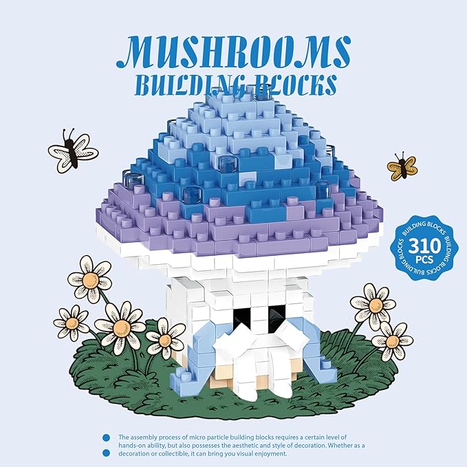 Blue Mushroom Mini Cute Mushroom Animals Building Toy Set Adorable Plant Blocks for Creative Play Bonsai Botanical Collection