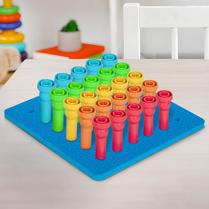 Play Build Peg Board Toy for Kids, 25 Colorful Pegs with Foam Board, Stacking Pegboard Set, Toddler Learning Toys for Ages 3+, Montessori, Educational, Therapy Toy for Boys & Girls