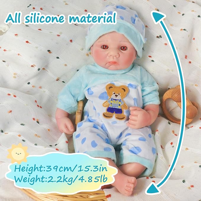 Reborn Baby Dolls Silicone Full Body 15.4in Weighted Real Life Open-Eyes Boy Dolls Lifelike Newborn Baby Soft Body Flexible Limbs Not Vinyl