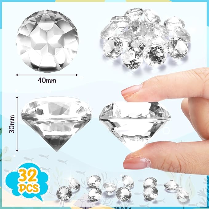 Zomiboo 16 Pcs Acrylic Diamond Large Gems Pirate Round Treasure Toy Gems Treasure Round Gemstones Acrylic Diamond Shaped Gemstones for Home Table Vase Fillers Party Decor (Clear)