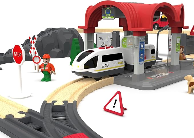 Train Accessories Modern Station for Kids, Train Tunnel for Wooden Railway System, Multifunction Toy Trains Set for Motorized Cars Compatible with Thomas & Friends, Brio, Chuggington