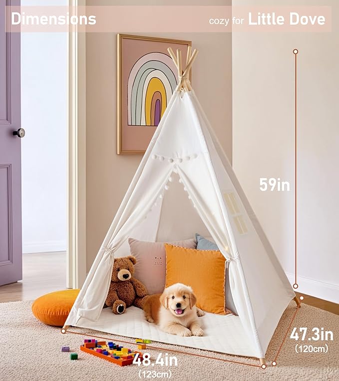 Teepee Tent with Starry Lights, Ground Mat and Pockets, Kids Teepee Tents for Indoor & Outdoor Use, Foldable Play Tents for Boys & Girls, Washable Toddler Play Tent for Birthdays & Holidays