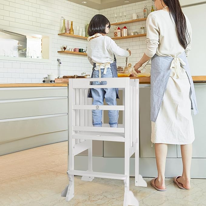 WOOD CITY Kitchen Step Stool Helper - Montessori Foldable Standing Tower for Toddlers with Safety Rail, Height Adjustable Ideal Helper for Learning New Skills, Natural Pure Pine Wood (White)