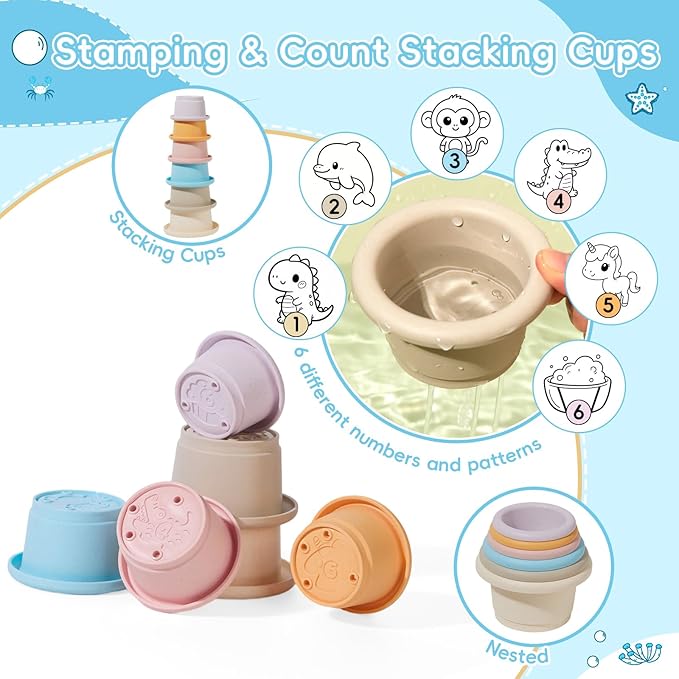 Bath Toys for Kids Ages 1-3, 16PCS | Easy-Clean & Mold Free Bath Toys for Babies with Stacking Cups | Watering Can, Bath Boats & Spoon with Storage Bag, Bathtub Water Sand Pool Toys for Toddler Gifts