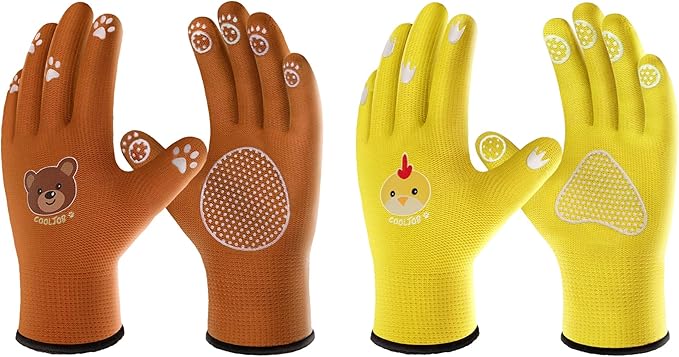 COOLJOB Breathable Toddler Work Gloves for Gardening Boy Girl Ages 6-9 Large, Nylon Kids Garden Gloves with Grip, Children Yard Gloves for Digging Weeding Landscaping, Yellow & Brown, 2 Pairs