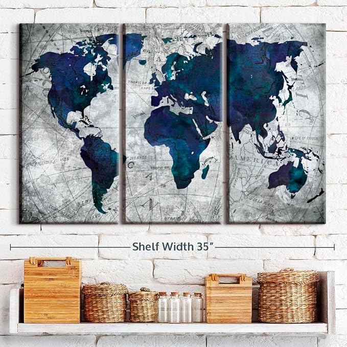 ElephantStock Deep Blue World Map Multi Piece Canvas - 3 Panel Wall Decor - Map of the World Art - Canvas for the Office and Home - 33" X 20"