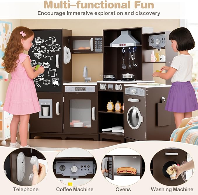 HONEY JOY Corner Play Kitchen, Large Wooden Pretend Toy Kitchen Set w/Lights, Ice & Coffee Maker, Range Hood, Chalkboard, Microwave, Cookware, Little Chef Kids Kitchen Playset for Toddlers (Espresso)