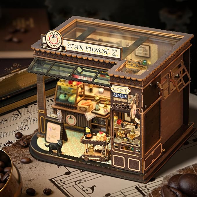 DIY Miniature House Kit - Coffee Shop Wooden Dollhouse Kit with LED Lights -Mini House Making Kit with Furniture - Tiny House kit for Adults to Build - Miniature Kits Craft Gift