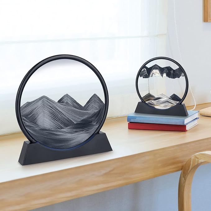 Moving Sand Art Picture - 3D Quicksand Painting Decor - Round Glass 3D Deep Sea Sandscape - Relaxing Home Decoration Desk Toys for Home Office Desk Mantle Bookshelf- (Black, 12 in)