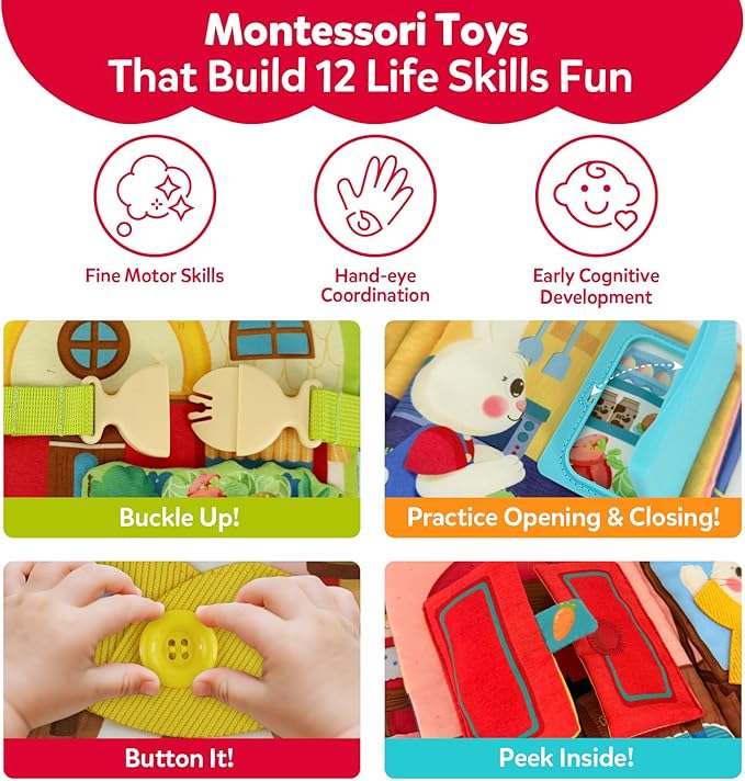 Montessori Busy Book for Toddlers 1-3,Busy Board with 12 Sensory Activities & Fine Motor Skills,Travel Toys for Airplane Car,Educational Learning toys One Year Old Birthday Christmas Toddler Gifts
