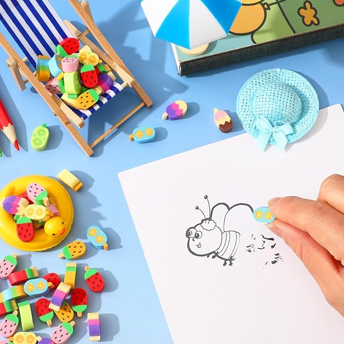JUNEBRUSHS 150Pcs Ice Cream Mini Erasers for Bulk, Cute Fruit Shaped Pencil Erasers for School Classroom Prizes Homework Rewards Gifts Party Favors