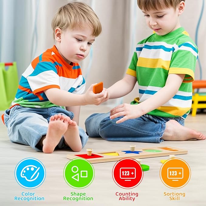 First Jumbo Knob Wooden Shape Puzzles for Toddlers 1-3,Montessori Shapes Sorter for1-2 Year Old,Preschool Learning Peg Puzzle Toys for Baby Kids,1-2 Year Old Boy Girl