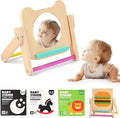 Rotating Baby Safe Mirror with 120 Pages Visual Stimulation Cards - Wooden Tummy Time Mirror Toys - Black White Red and Color High Contrast Baby Flashcards for Brain and Cognitive Development