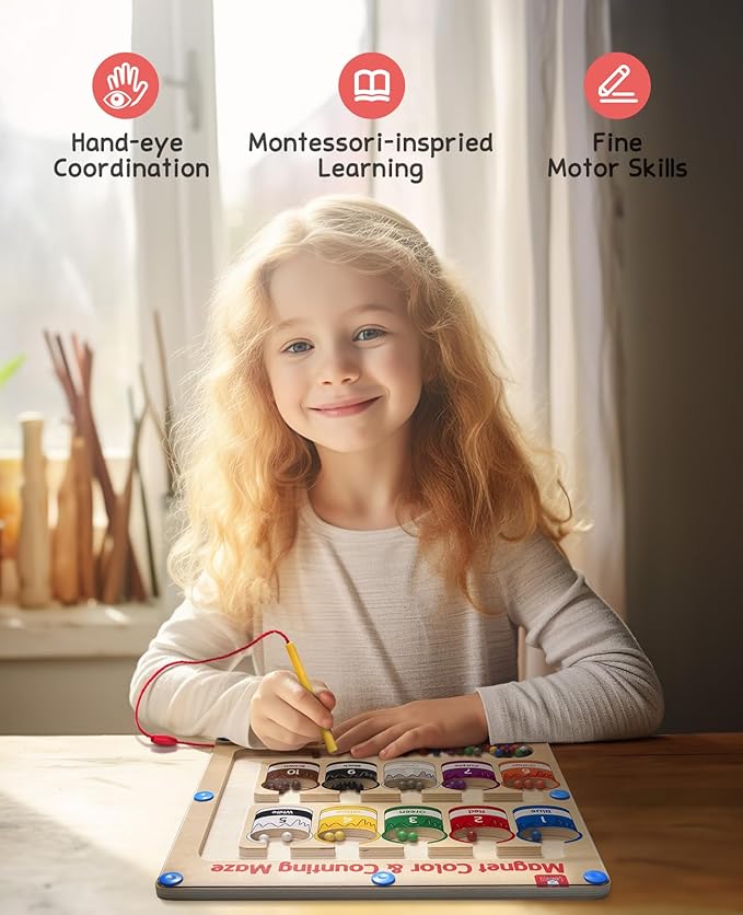 GAMENOTE Magnetic Color and Number Maze - Educational Fine Motor Skills Toys for Boys Girls 3 4 5 Years Old, Wooden Color Matching Learning Counting Toddler