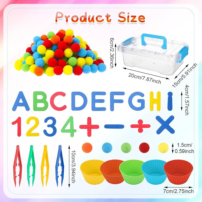 286Pcs Letters and Numbers Sensory Bin Filler Fine Motor Toys Counting Sorting 200 Felt Pompoms 76 Magnetic Letters Numbers 4 Tweezers 5 Silicone Plates 1 Storage Box for Counting Sorting DIY Crafts