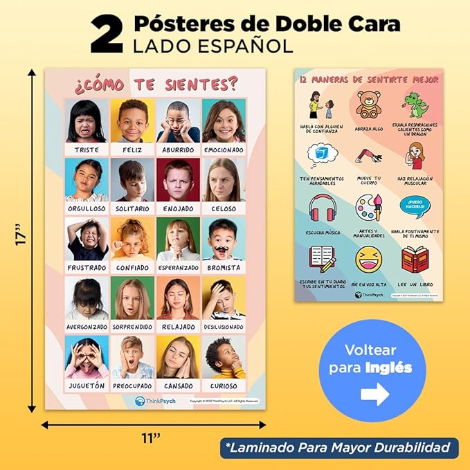 2 Laminated Feelings Posters for Kids - English & Spanish - Calm Down Corner Supplies - Therapy & School Counselor Supplies - Emotions Posters for Home and Calming Corner Classroom