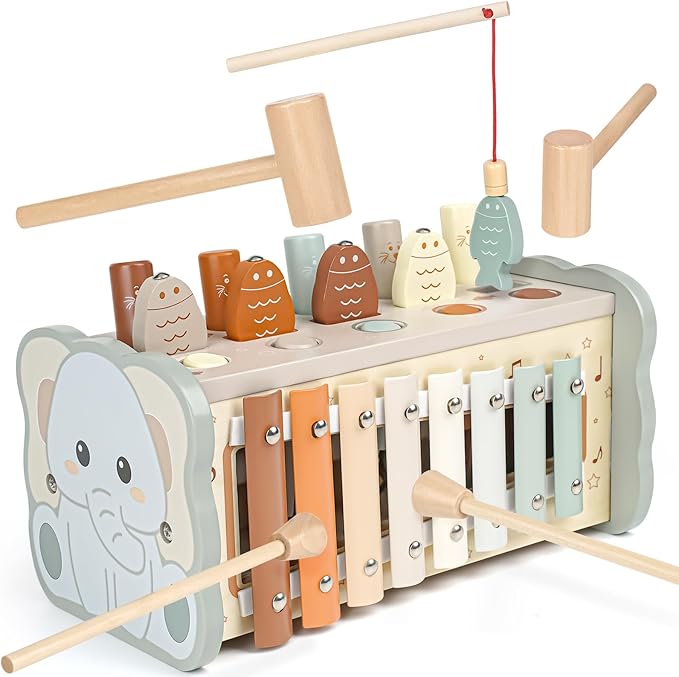 Joyreal Wooden Montessori Toys for 1 Year Old - Hammering Pounding Toy with Xylophone & Fishing Game - Educational Toddler Activities for 1 2 3 Year Old Christmas Birthday Gifts