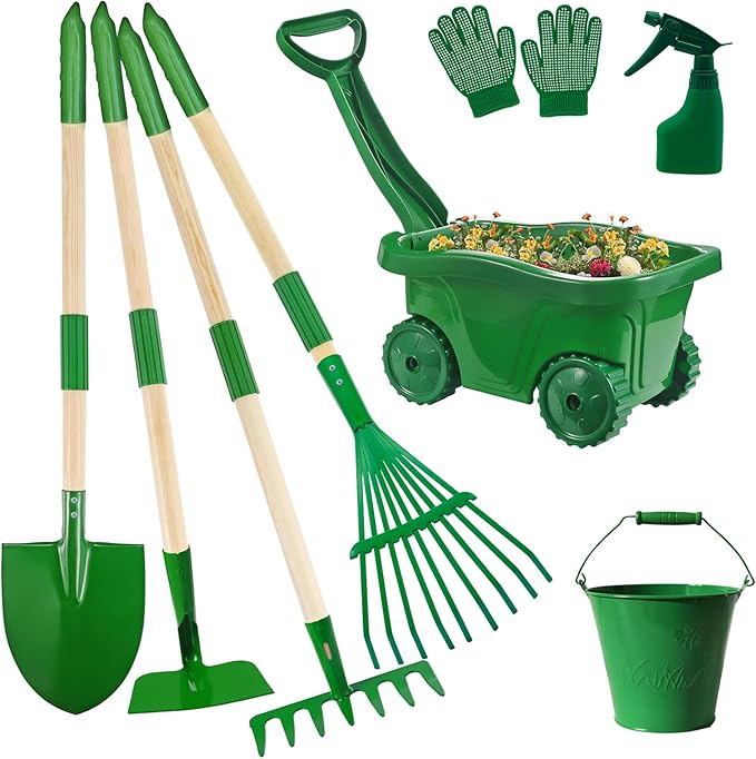 Kids Gardening Tools Set,8pcs Wheelbarrow Set for Kids with Shovel, Rake, Watering Can Outdoor Backyard Farm Digging Toys, Halloween Christmas Birthday Gifts for Boys Girls