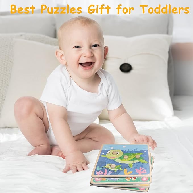 Eco Friendly Animal Puzzles, 4 Pcs Jigsaw with Handles, Infant Kid Montessori Puzzles for 1-3 Years Old