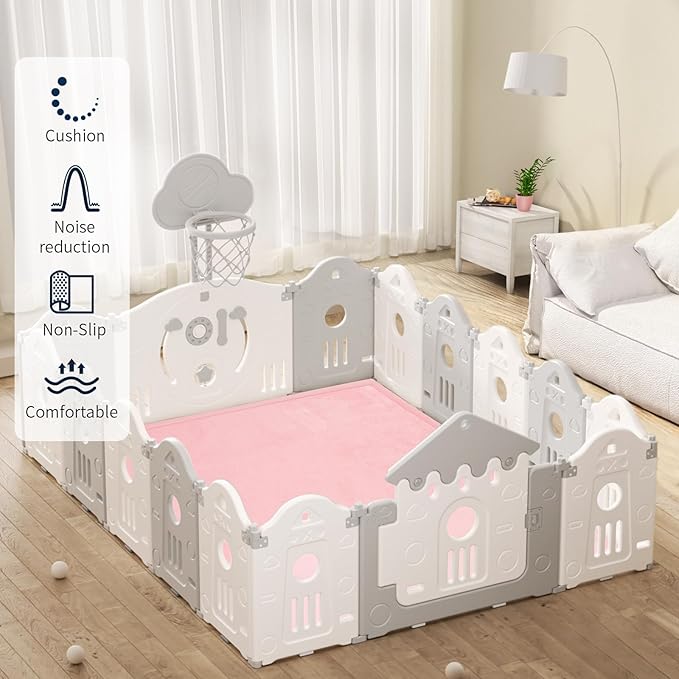 ACOMOPACK Baby Play Mat for Floor 1.3" Thick Memory Foam Play Mat 39"×59" Tummy Time Crawling with Non-Slip Bottom for Living Room,Nursery,Soft Velvet Playpen Mats for Kids,Infants（Pink）
