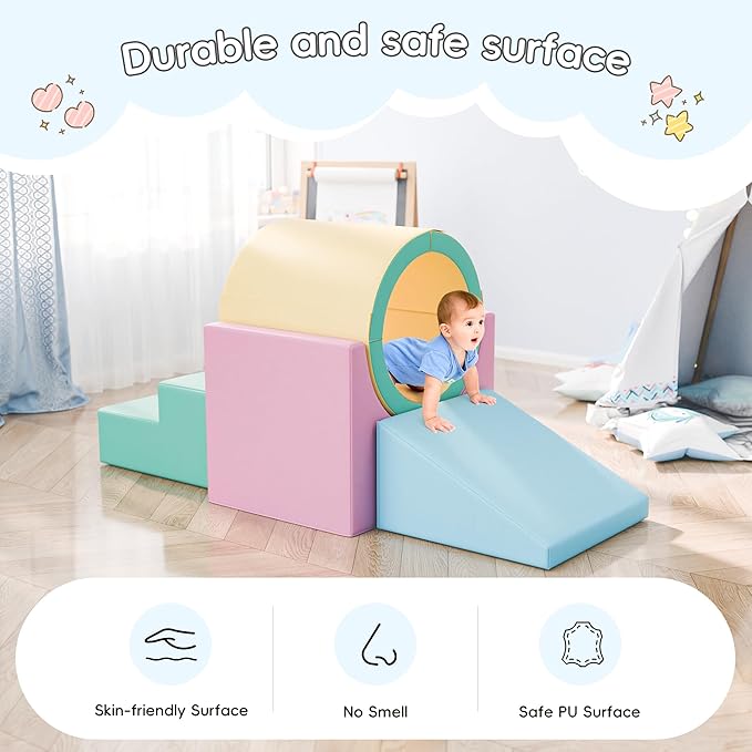 TOLEAD Tunnel/Ramps Foam Climber, Climb & Crawl Foam Activity Play Set for Toddlers and Kids, Safe Indoor Crawling Gym Equipment for,Infant,Baby Waterproof Easy to Clean (Pink)