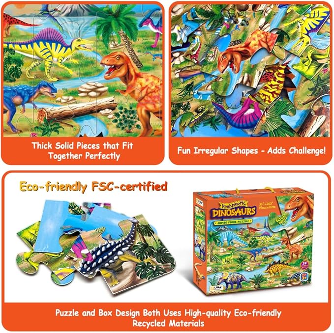 Dinosaur Floor Puzzle for Kids Ages 3-6, Jumbo 24-Piece Large Jigsaw Puzzle, Educational Preschool Toy for Boys and Girls, STEM Learning Gift for Toddlers