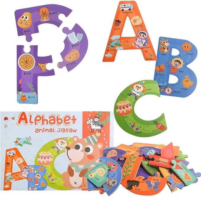 Wooden Jumbo Alphabet ABC Letter Toddler Puzzles Color Shape Animals Recognition Montessori STEM Jigsaw Preschool Learning Educational Toy for Kids 3 4 5 Years Old Boys Girls