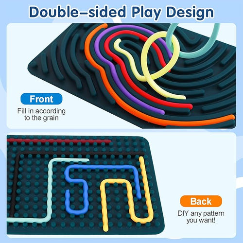 2PCS Sensory Activity Board, Silicone Fidget Toys for Anxiety, ADHD, Autism Stress Relief | Kids 3+ & Adults | Portable Travel Bag & 20 Strings, Dark Green & Blue